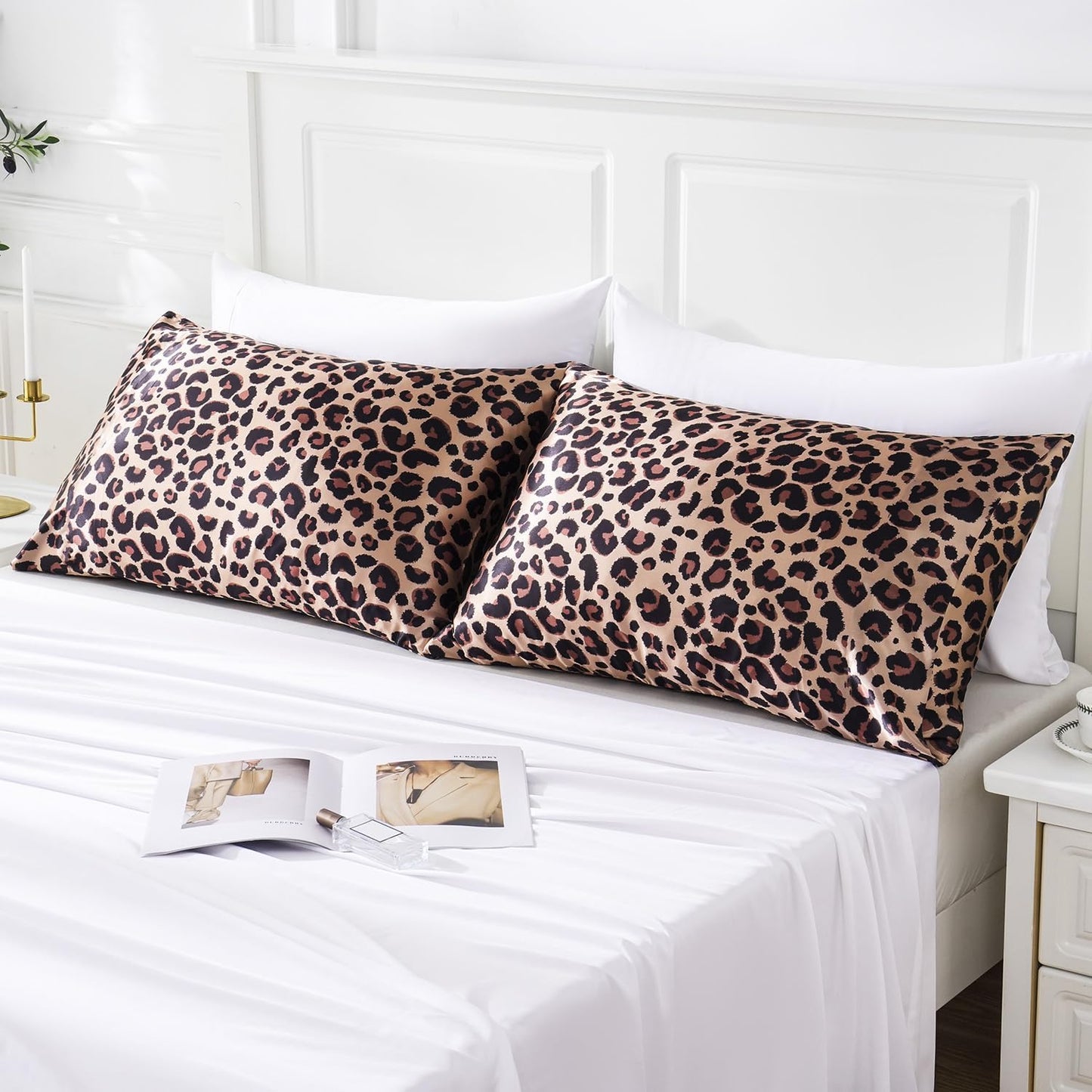 MR&HM Satin Pillowcase for Hair and Skin, Silk Satin Pillowcase 2 Pack, Queen Size Pillow Cases Set of 2, Silky Pillow Cover with Envelope Closure (20x30, Brown Leopard)