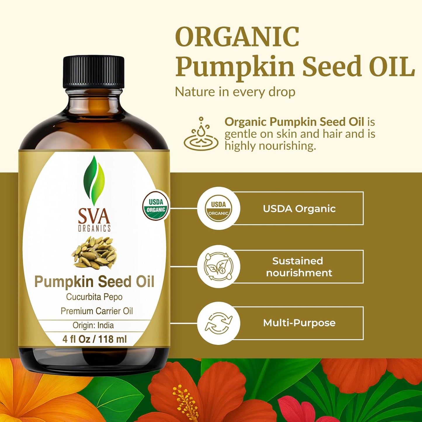 SVA Pumpkin Seed Oil Organic - 4 Fl Oz – 100% Natural Cold Pressed Organic Pumpkin Oil - for Face, Skin Care, Hair Care, Scalp Massage & Body Massage – Carrier Oil with Dropper