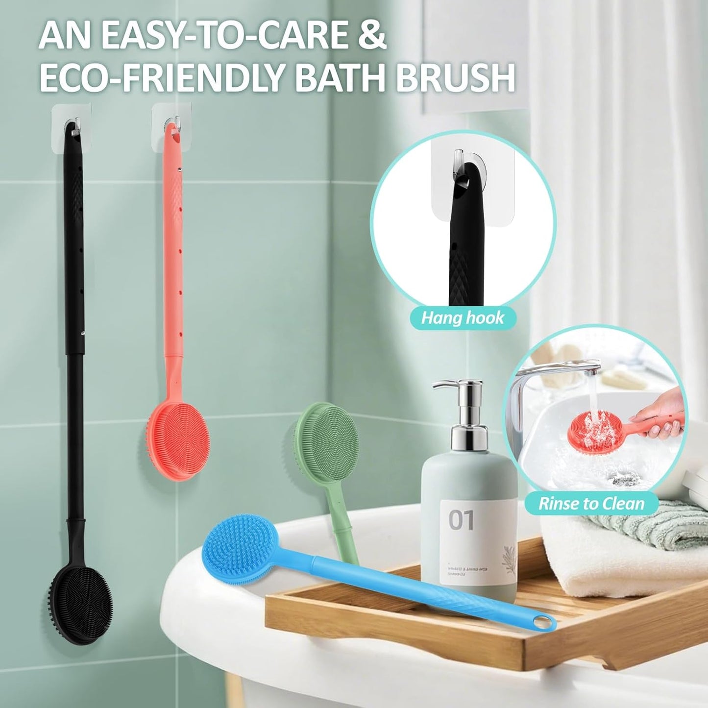 Adjustable Silicone Back Scrubber for Shower, 16''- 24'' Extendable Shower Back Scrubber for Rich Foam, 5-Length Back Brush Bath Brush with Dual-Side Head and Super-Lathering Bristles(Green)