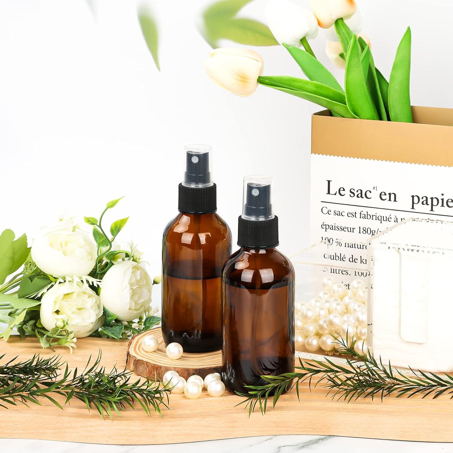 CycleMore 120ml 16Pcs 4oz Amber Glass Spray Bottles with Fine Mist Sprayers, Glass Travel Bottles for Cosmetic Essential Oils Cleaning Solutions Perfumes & More Liquids Ideal for Mother & Friends