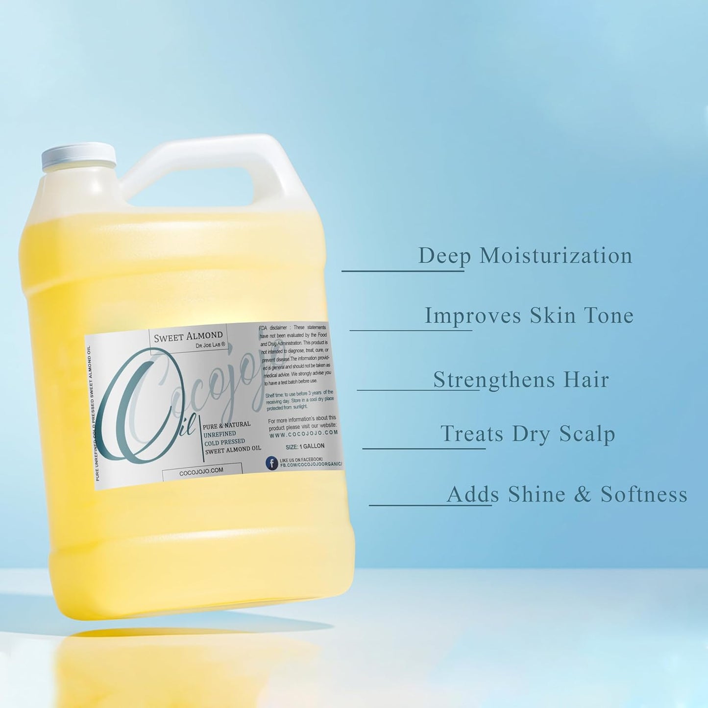 Sweet Almond Oil 1 Gallon 100% Pure Natural Cold Pressed Unrefined Extra Virgin 128 fl oz - for Hair Skin Body Nail and Beard Carrier Oil for Essential Oils - Moisturizing, Hydrating, & Nourishing