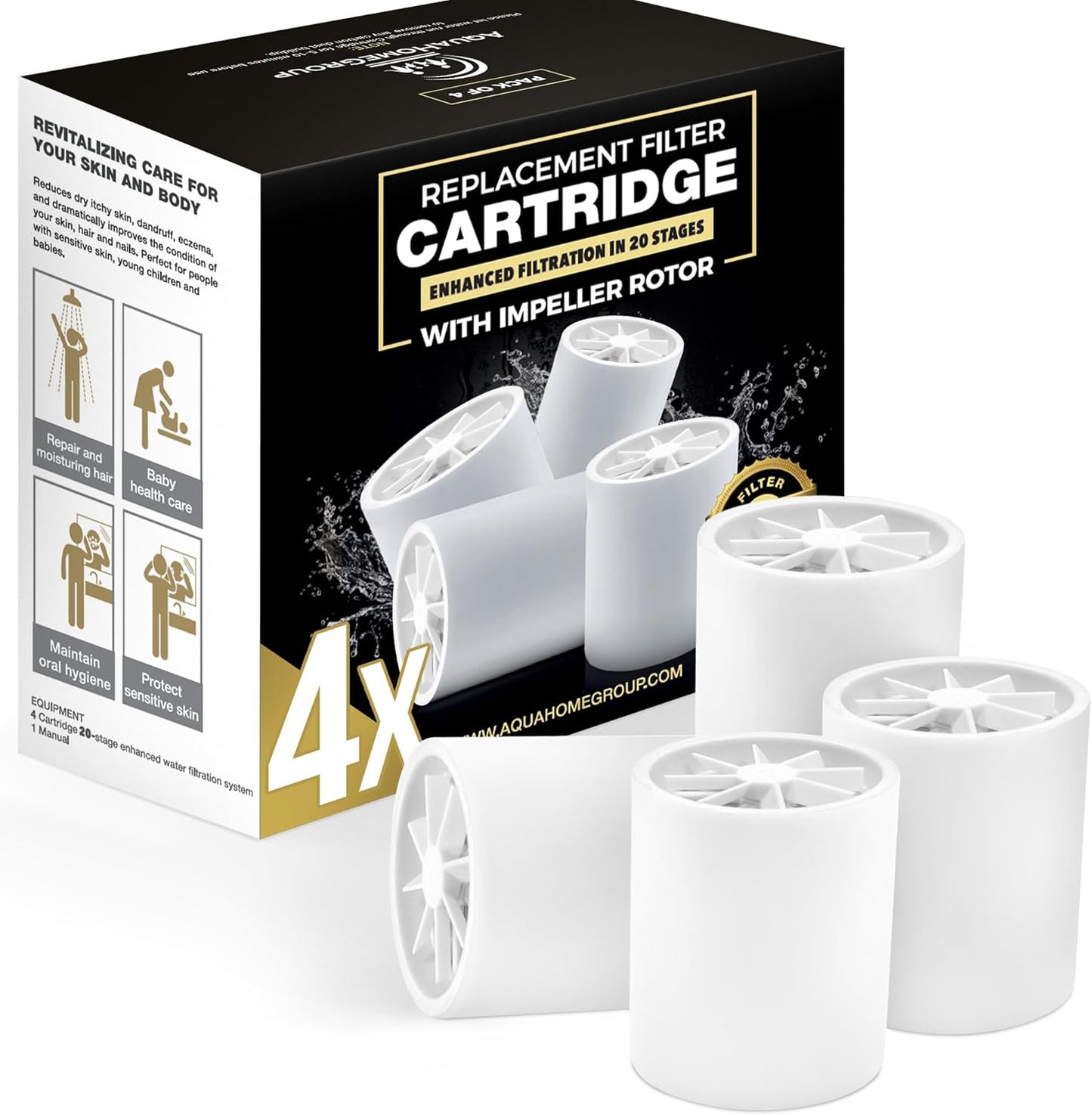 AquaHomeGroup 20-Stage Premium Shower Filter Replacement Cartridge with Spin Propeller 4-Pack (No Housing) - Water Filter Refill Compatible with Any Shower Filter of Similar Design 15 and 20 Stages