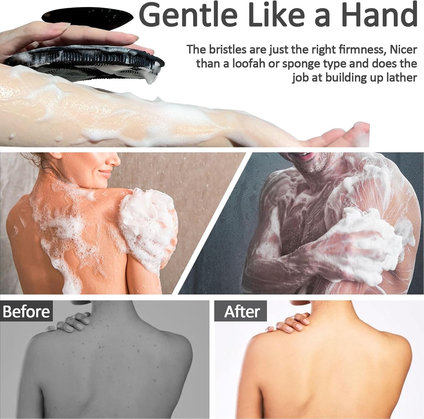 Soft Silicone Body Scrubber, Gentle Like a Hand Exfoliating Your Skin and Build Up Lather, Back Large Suction Cup Easy to Store, & Deep Clean (Body Scrubber + Face Scrubber Black)