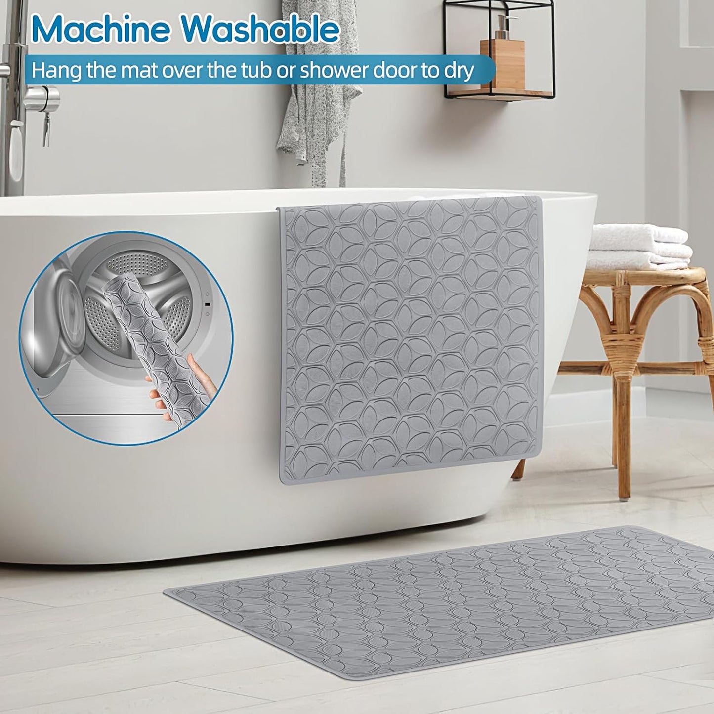 WRISIN Bathtub Mat Non Slip with Suction Cups - 100% Rubber Bathroom Mat Textured for Bath Tub Shower Safety - Soft on Touch - BPA/PVC Free - Pet Dog Bath Mat - Machine Washable - 17 × 35 Inch(Gray)