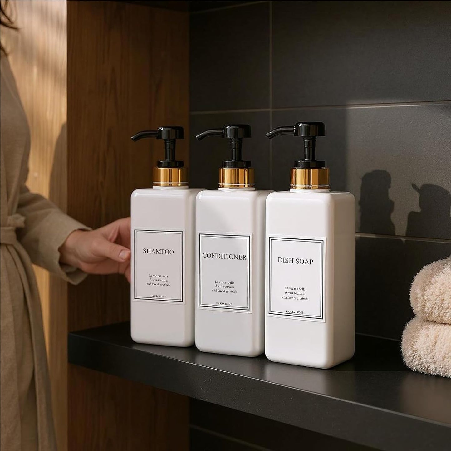 Modern Gold Design Large 27 oz Shampoo and Conditioner Dispensers - Empty Plastic Refillable Pump Bottle Set for Bathroom Shower Soap Dispenser, Set of 3 (Black)