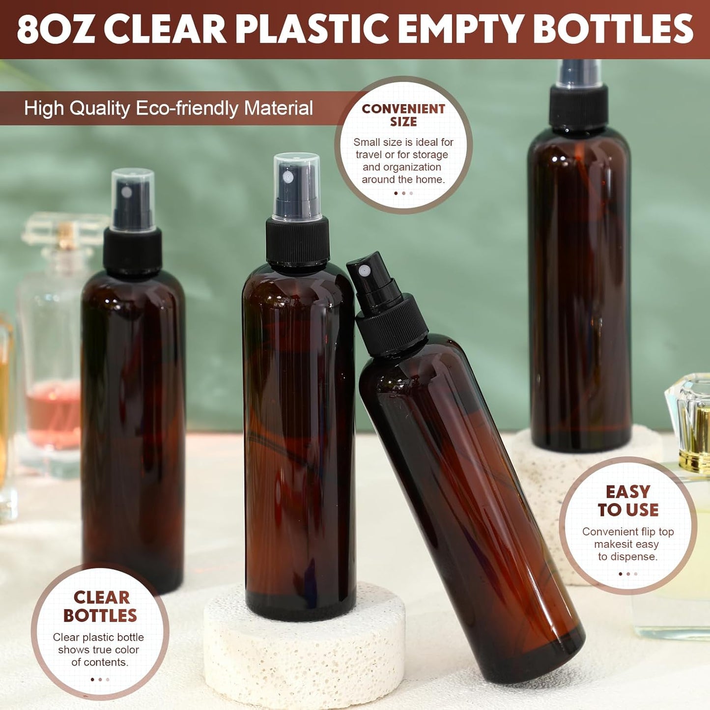 Eccliy 32 Pcs 8 oz Spray Bottles Fine Mist Cleaning Bottles Clear Empty Plastic Travel Sprayer Refillable Sprayer with Cap for Cleaning Solutions Oils Travel Perfumes(Amber,Clear)