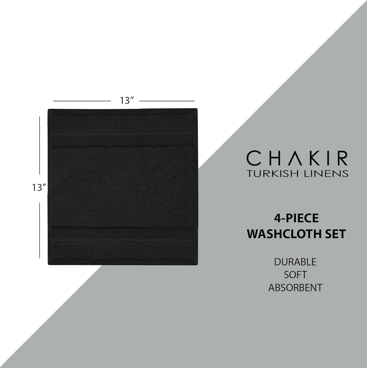 Chakir Turkish Linens | Hotel & Spa Quality 100% Cotton Premium Turkish Towels | Soft & Absorbent (4-Piece Washcloths, Black)