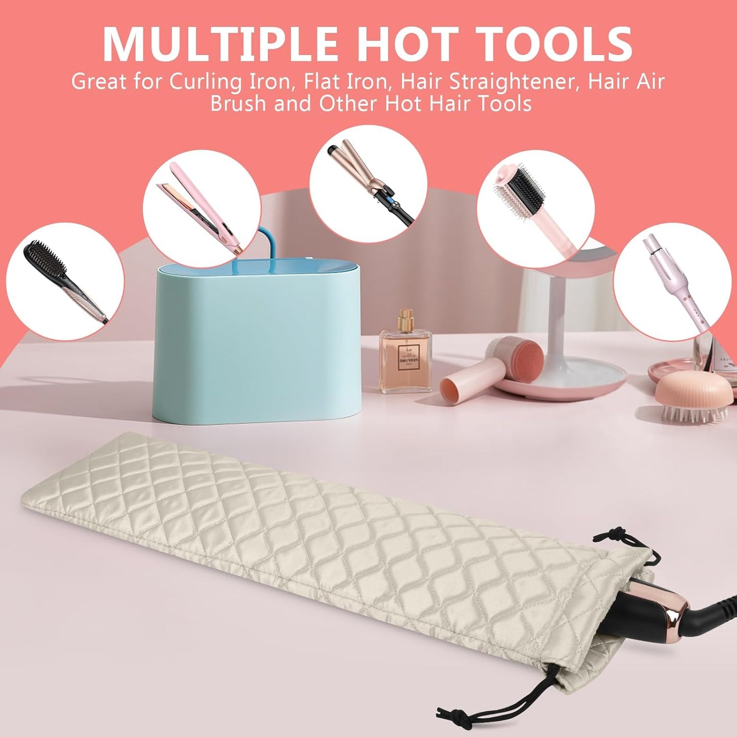 AMIJEAL Heat Resistant Hair Tools Organizer Bag Portable Travel Drawstring Storage Cover Pouch for Hair Straightening Irons, Curling Irons, Flat Irons and Hot Styling Tools(16" x 4.3")