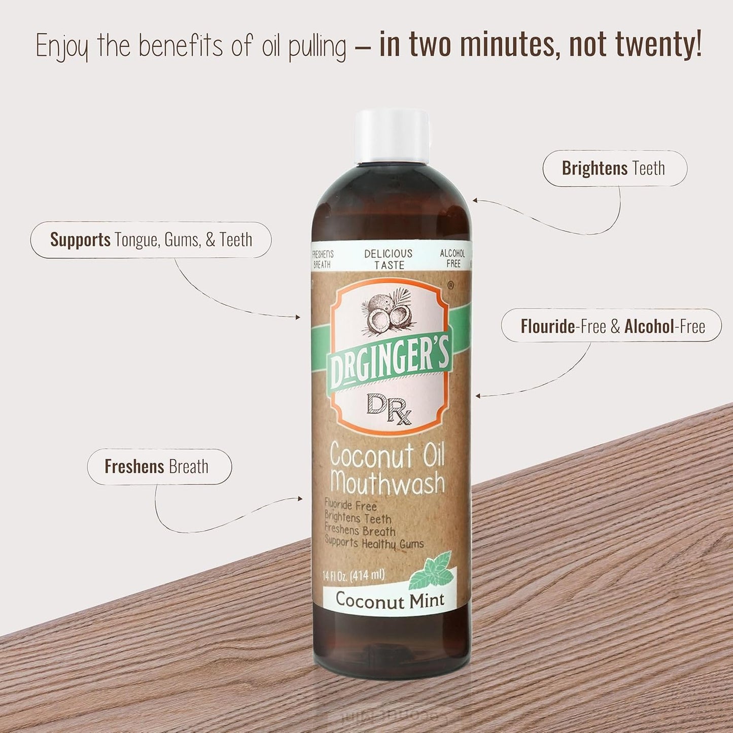 Dr. Ginger’s Coconut Oil Pulling Alcohol Free Mouthwash - Mint Flavor, 14 fl oz Support Gum Health, Tongue, and Teeth Whitening for Adults, Fluoride Free, All-Natural Oil and Xylitol for Bad Breath