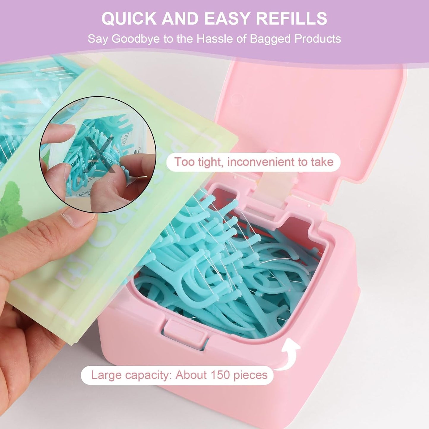 JGB Floss Pick Holder Container With One-Touch Opening, Quick Refill For Qtip, Cotton Swabs, Balls, Pads - Reusable Small Square Dispenser Box For Home, Hotel, Office Organizers and Storage - Pink