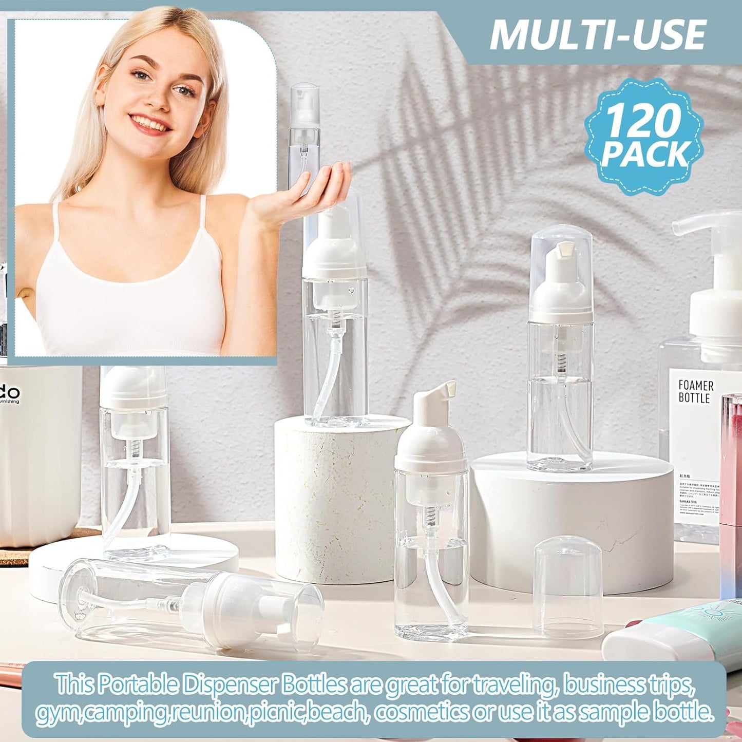 Dandat 120 Pcs 2 oz Plastic Foam Soap Dispensers Bulk Refillable Foaming Pump Bottle Empty Mini Shampoo Lash Cleaning Bottles for Travel Cosmetics Hand Soap(Clear)