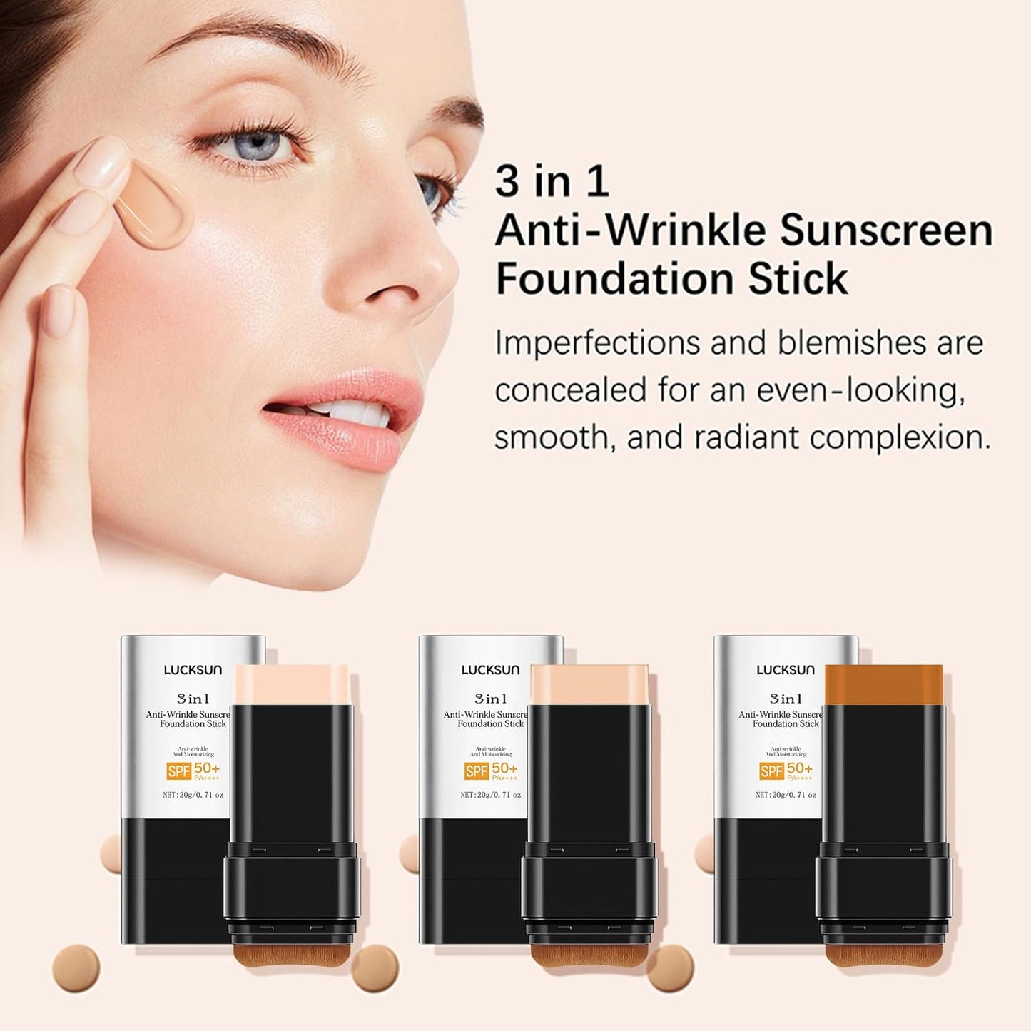 3 in 1 Anti-wrinkle Hydrating Lightweight Foundation Stick Concealer & Makeup, Multi-Use Long-Lasting Formula for All Skin Types (Medium, 20g/0.71oz)