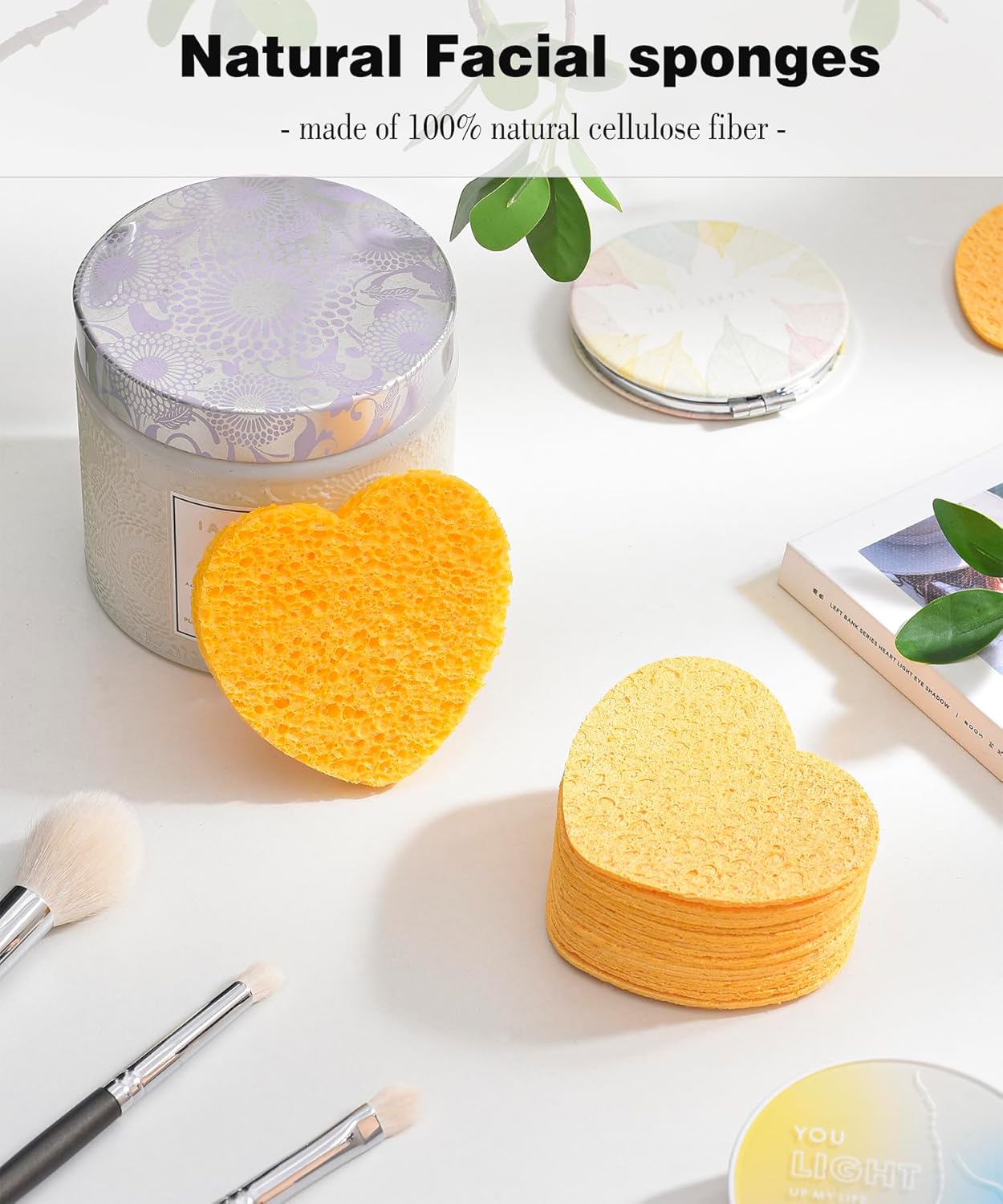 50-Count Compressed Facial Sponges for Estheticians- 100% Natural Cellulose Face Sponge Spa Sponges for Face Cleansing, Massage, Pore Exfoliating, Mask, Makeup Removal (Love-Yellow)