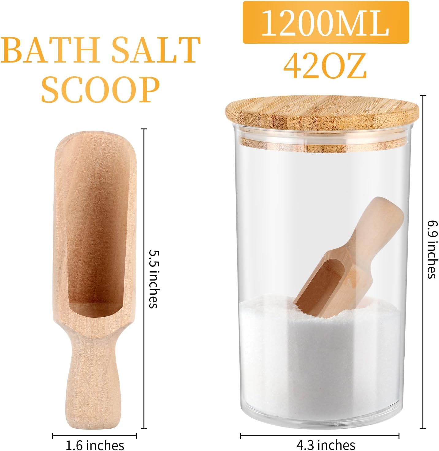 42oz Acrylic Bath Salt Jar with Wooden Scoop Flour Containers with Lids Airtight Epsome Salt Bath for Bathroom Kitchen(Hold 42 Ounces of Bath Salt)