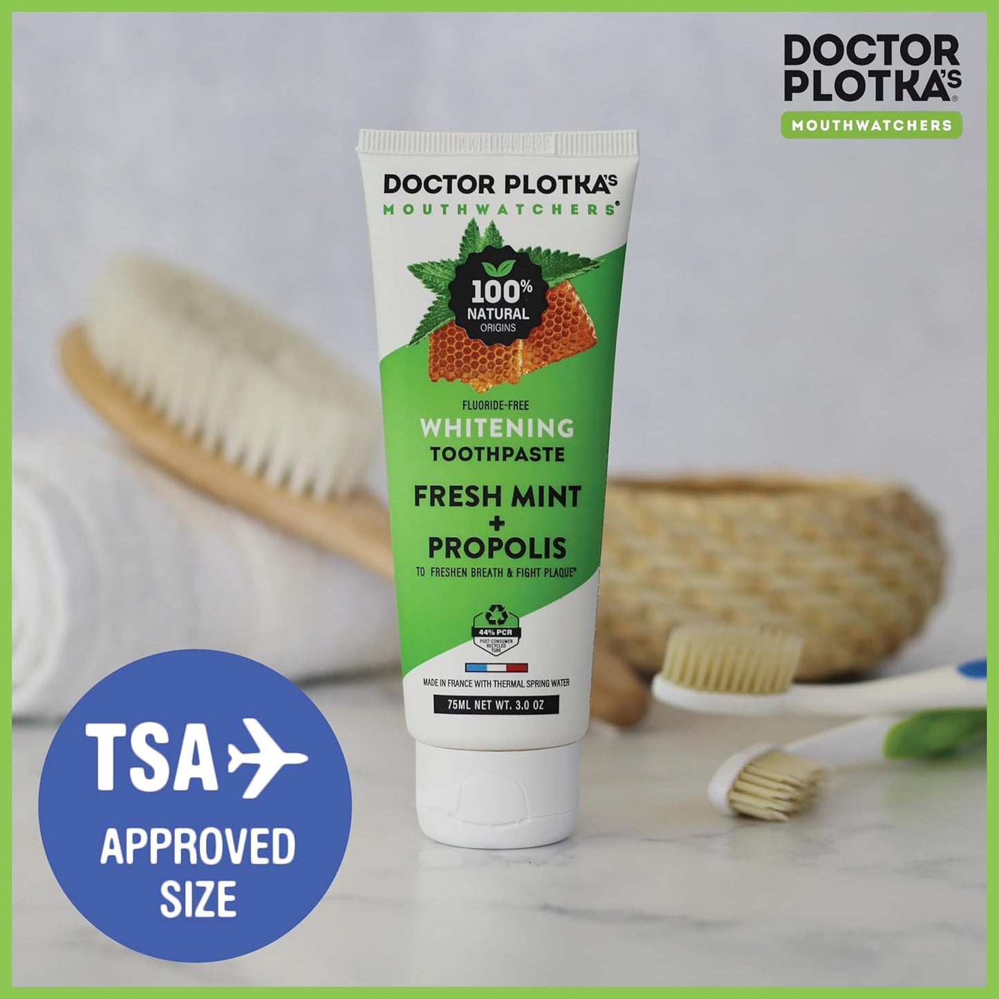 MOUTHWATCHERS Whitening Fluoride Free Naturally Sourced Toothpaste, 2 Tubes, 3 oz Each, for Sensitive Teeth and Gums, Organic, SLS Free, Fresh Mint and Organic Propolis, by Dr. Plotka's