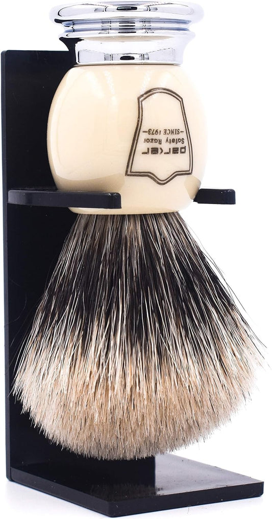 Parker Pure Badger Shaving Brush with Faux Ivory & Chrome Handle + Stand | 22mm Knot for Rich Lather | Handcrafted Shaving Tool for Cream or Soap | Classic Wet Shaving Brush | Iconic Brand