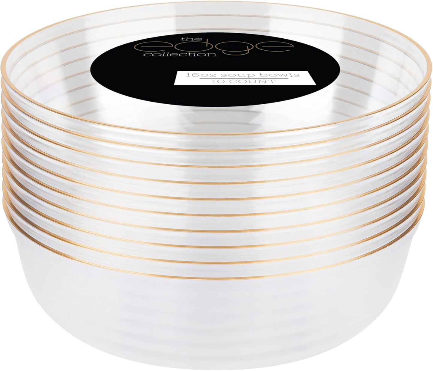 PLASTICPRO [30 Pack 16 OZ Bowls Edge Collection Clear with Gold Rim Plastic Party Soup Bowls Premium heavyweight Elegant Disposable Tableware Dishes