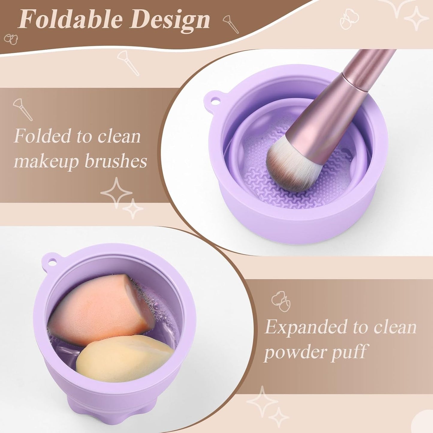 WantGor Makeup Brush Cleaner Mat with Brush Storage Holder, 3 in 1 Foldable Silicone Bowl Cosmetic Brushes Cleaning Pads Tool for Makeup Brush, Makeup Sponge, Powder Puff (Purple)