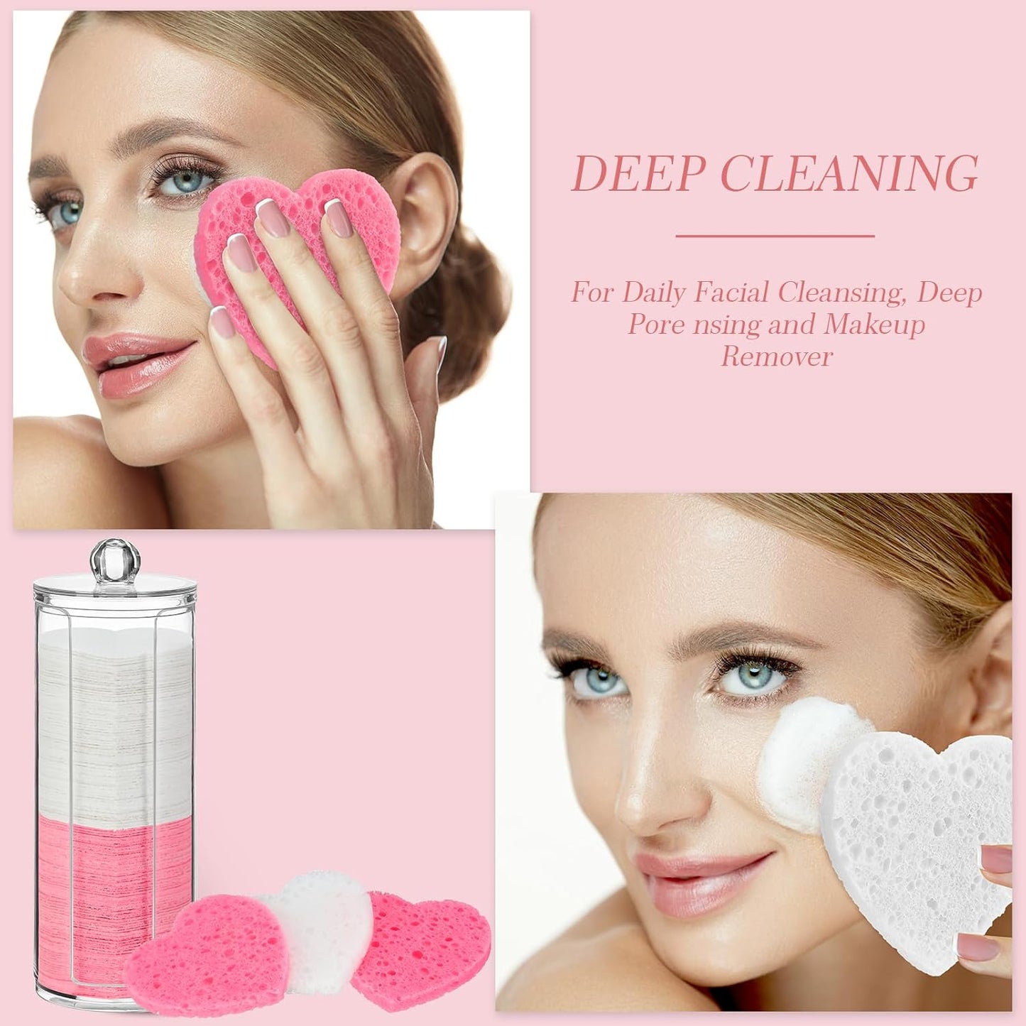 Sieral 120 Pcs Compressed Facial Sponges with Container Disposable Face Sponge Pads for Washing Face Cleansing Exfoliating Esthetician Makeup Removal(Heart,White, Pink)
