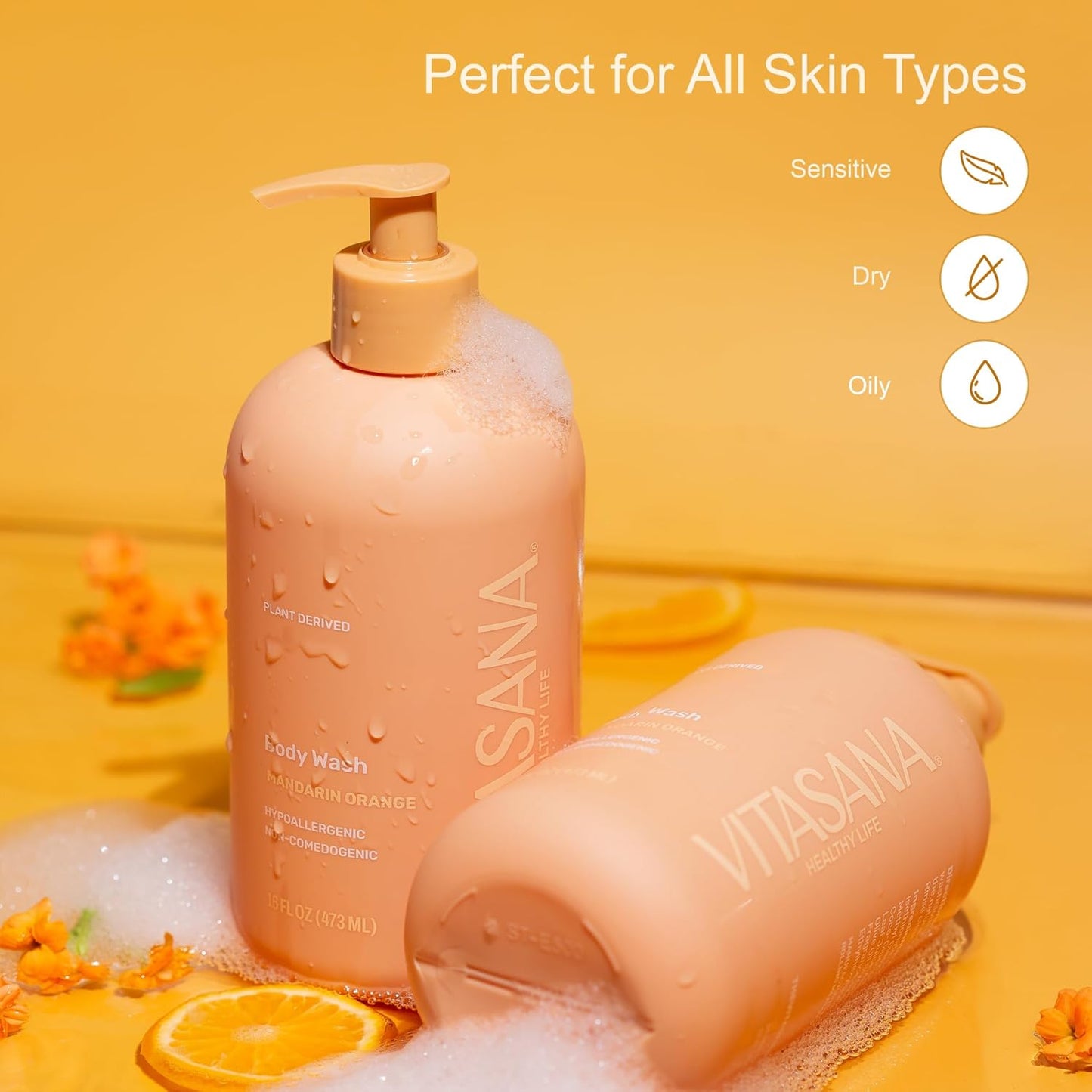 Natural Body Wash for Sensitive Skin, 16 oz – Mandarin Orange Scent, 98.9% Plant‑Derived, EWG Verified, Hypoallergenic, Paraben‑Free, Sulfate‑Free, Cruelty‑Free