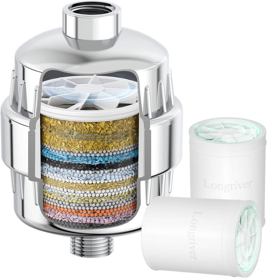 R7 Shower Filter with 2 Replacement Cartridge High Put Shower Water Filter for Hard Water 99.99% Remove Chlorine, Heavy Metals, Shower Water Softener, Improve your skin and hair, Chrome