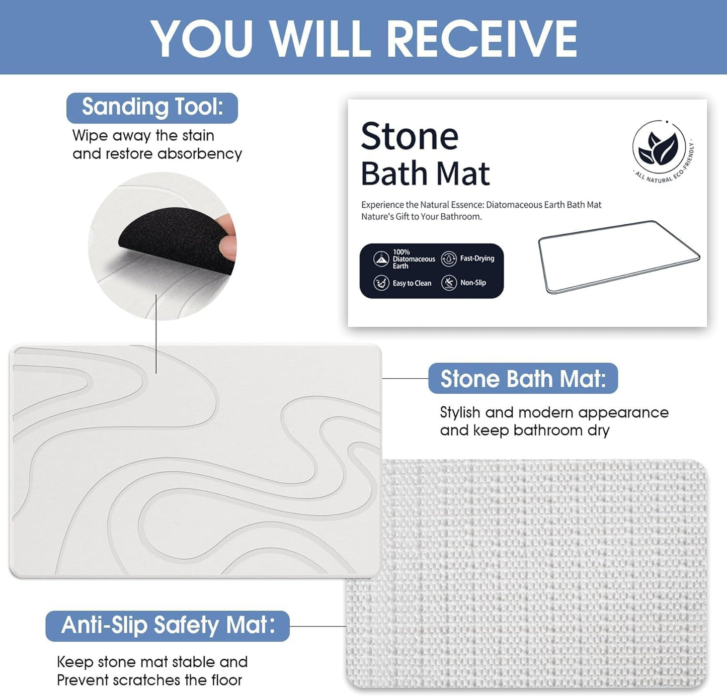 Stone Bath Mat Diatomaceous Earth Shower Mat Non-Slip Super Absorbent Diatomite Stone Mats for Bathroom Floor/Kitchen Counter Quick Drying Natural Easy to Clean(23.6''×15.4" White)