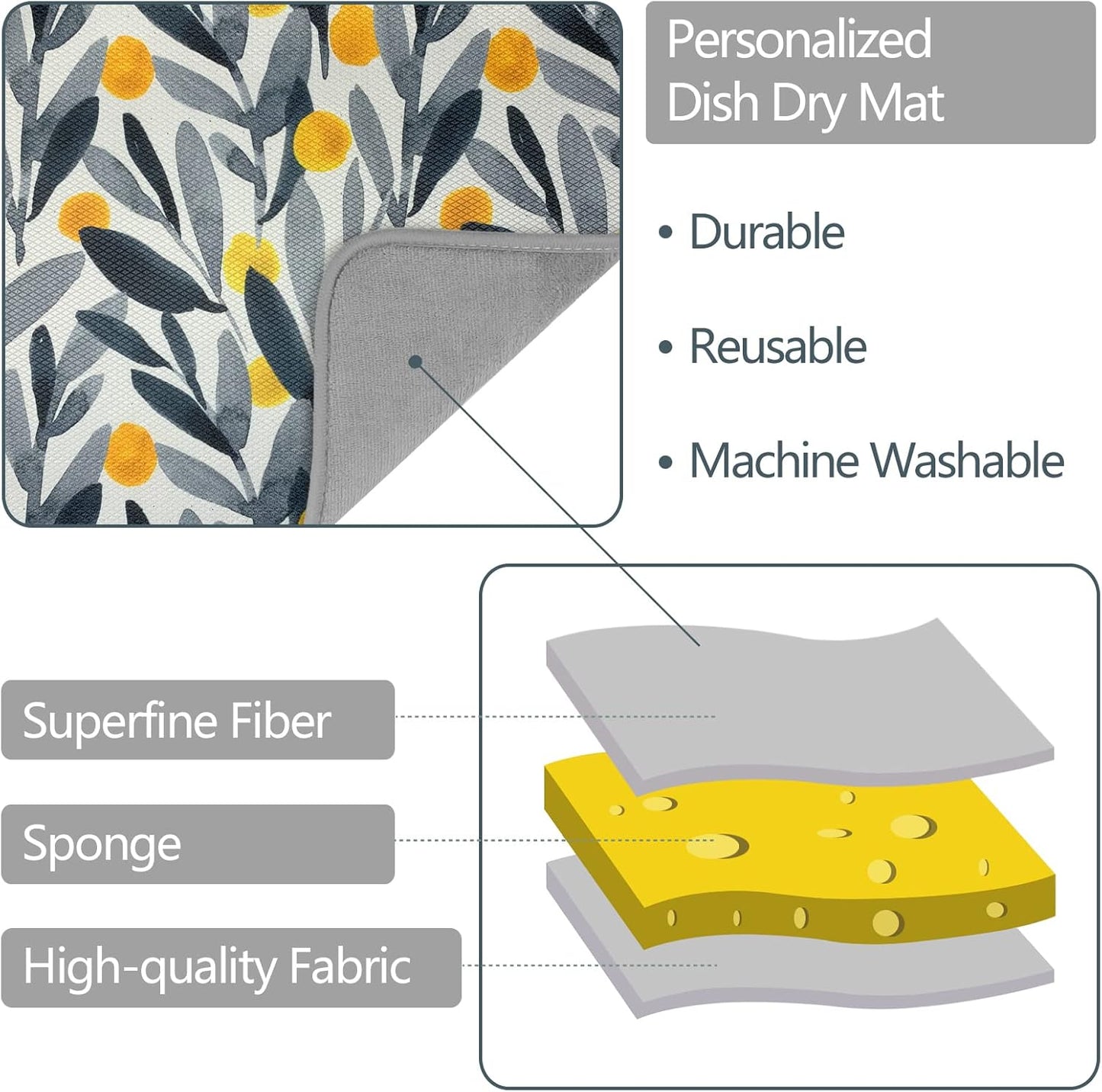 SHIYUE Dish Drying Mat for Kitchen Counter Super Absorbent Spring Kitchen Decor Microfiber Drying Matainers Rack Fast Pad Dish Drainer Mats(Watercolor Leaves,18''x24'')