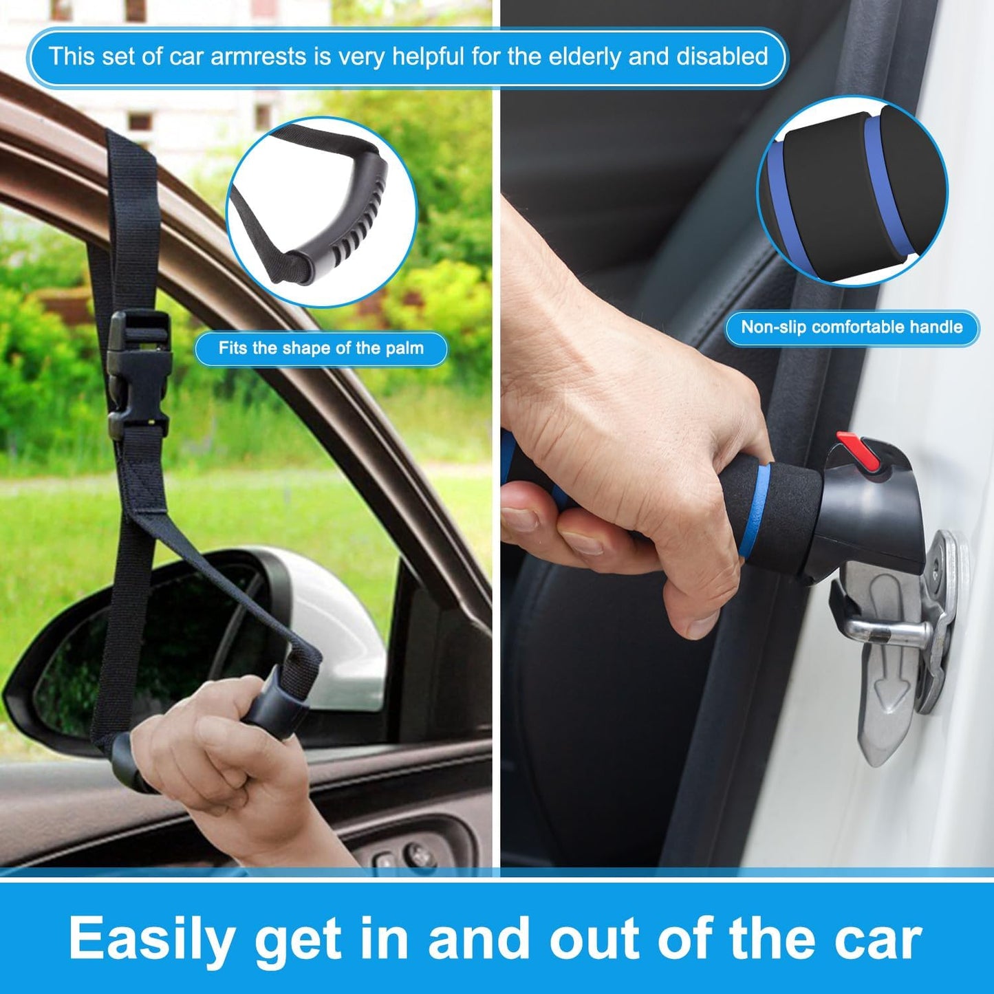 Elderly Car Handle Assist,Car Door Handle for Elderly,Support Multifunction Door Latch for Seniors and Handicapped (Blue - 2 Pack Car Handle + Strap)