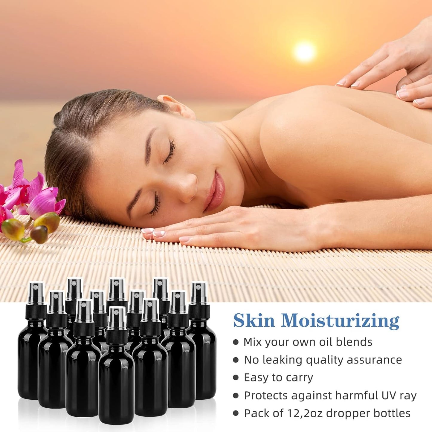 2oz Glass Spray Bottle, Fine Mist Boston Glass Bottles with Black Fine Mist Sprayer Small Clear Bottles for Essential Oils, Bath, Beauty, Hair & Cleaning, UV Black, Pack of 12