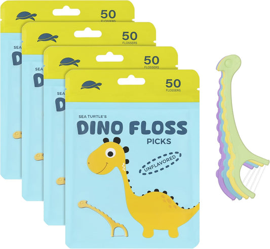 Sea Turtle Kids Dino Floss Picks - Corn Starch Handle - Thin Thread Tooth Dental Flossers - Unflavored (200)
