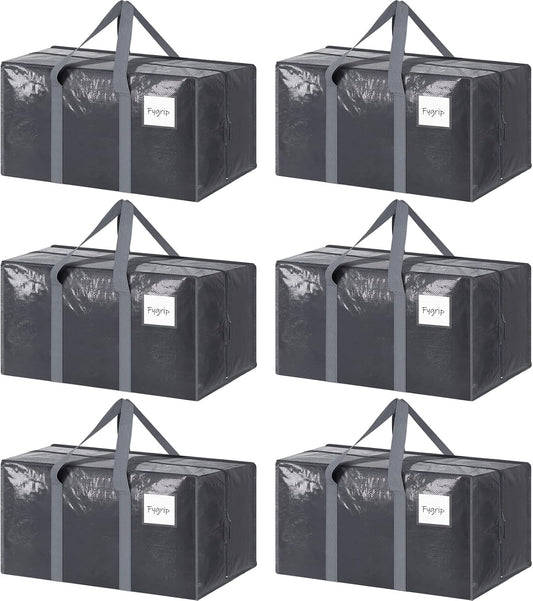 6 Pack Extra Heavy Duty Large Moving Bags with Strong Zipper & Comfortable Handles, Sturdy & Durable Clothes Storage Bags Totes Bins, Packing Moving Boxes for College Supplies, Gray