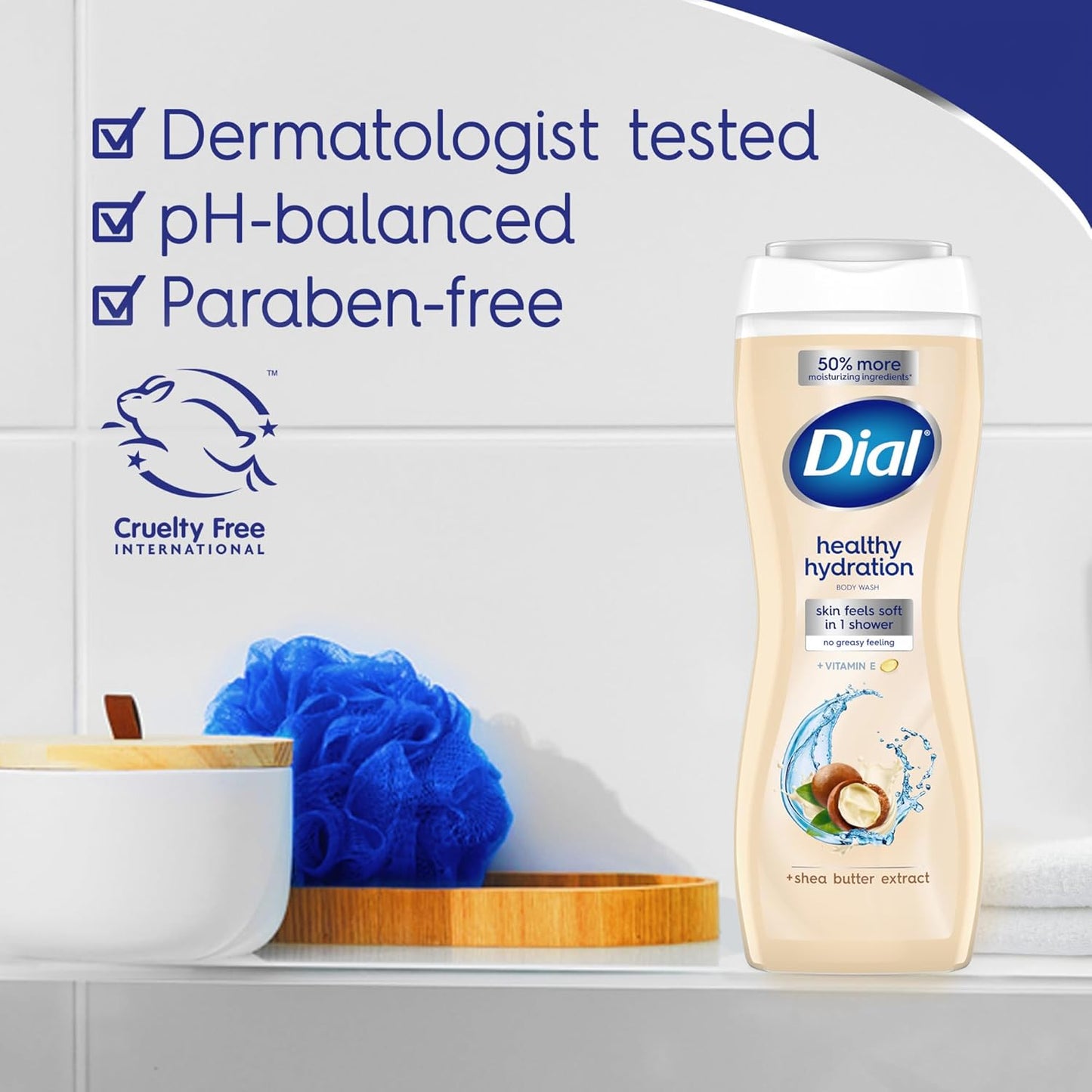 Dial Body Wash, Healthy Hydration, Shea Butter Extract + Vitamin E, 16 fl oz (Pack of 4), Gentle, Leaves Skin Feeling Soft In 1 Shower, Dermatologist-Tested, No Parabens & Silicones