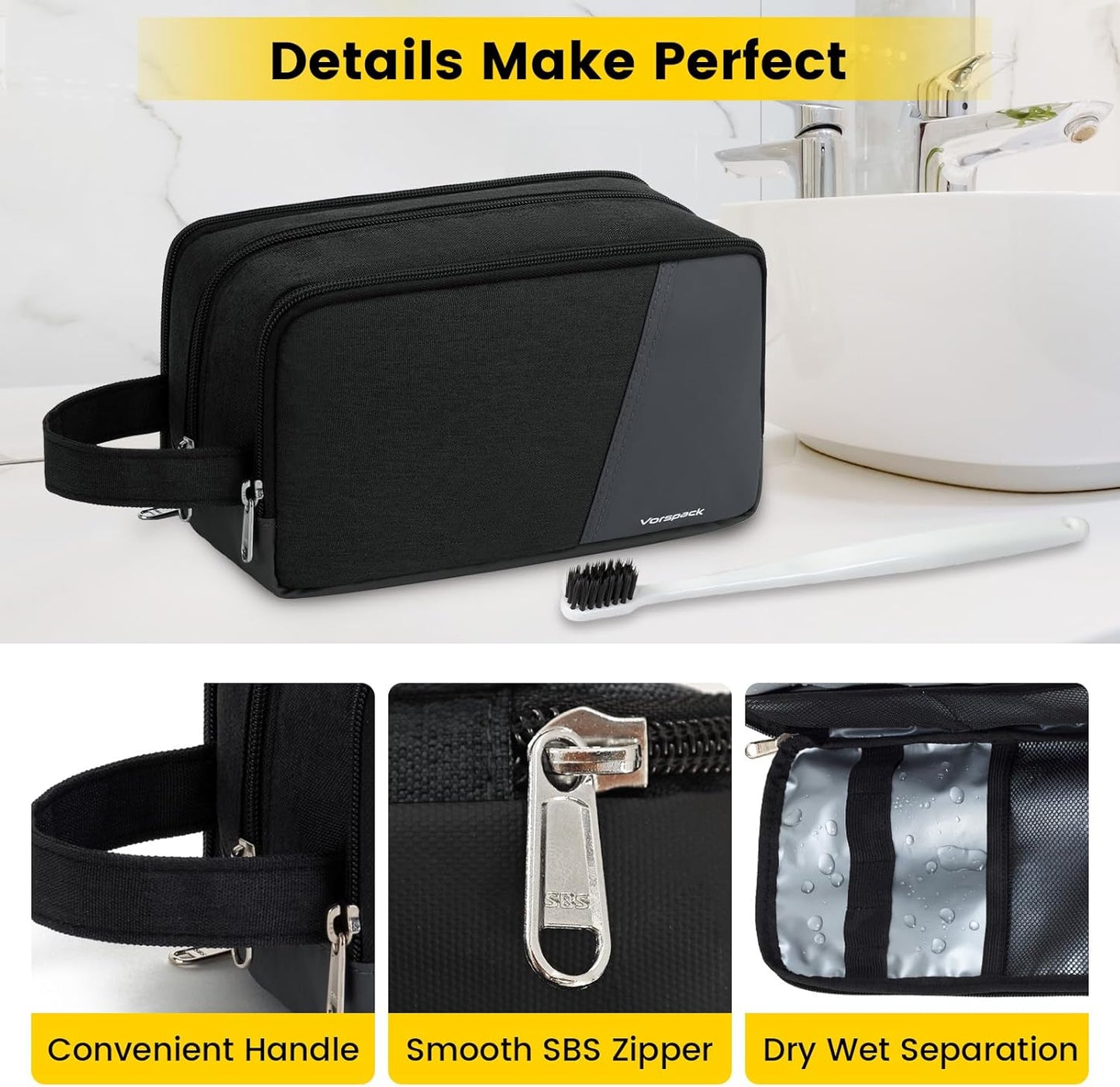 Vorspack Travel Toiletry Bag - Toiletry Bag for Men Water Resistant Skincare Bag for Bathroom Toiletries Accessories Gifts - Black