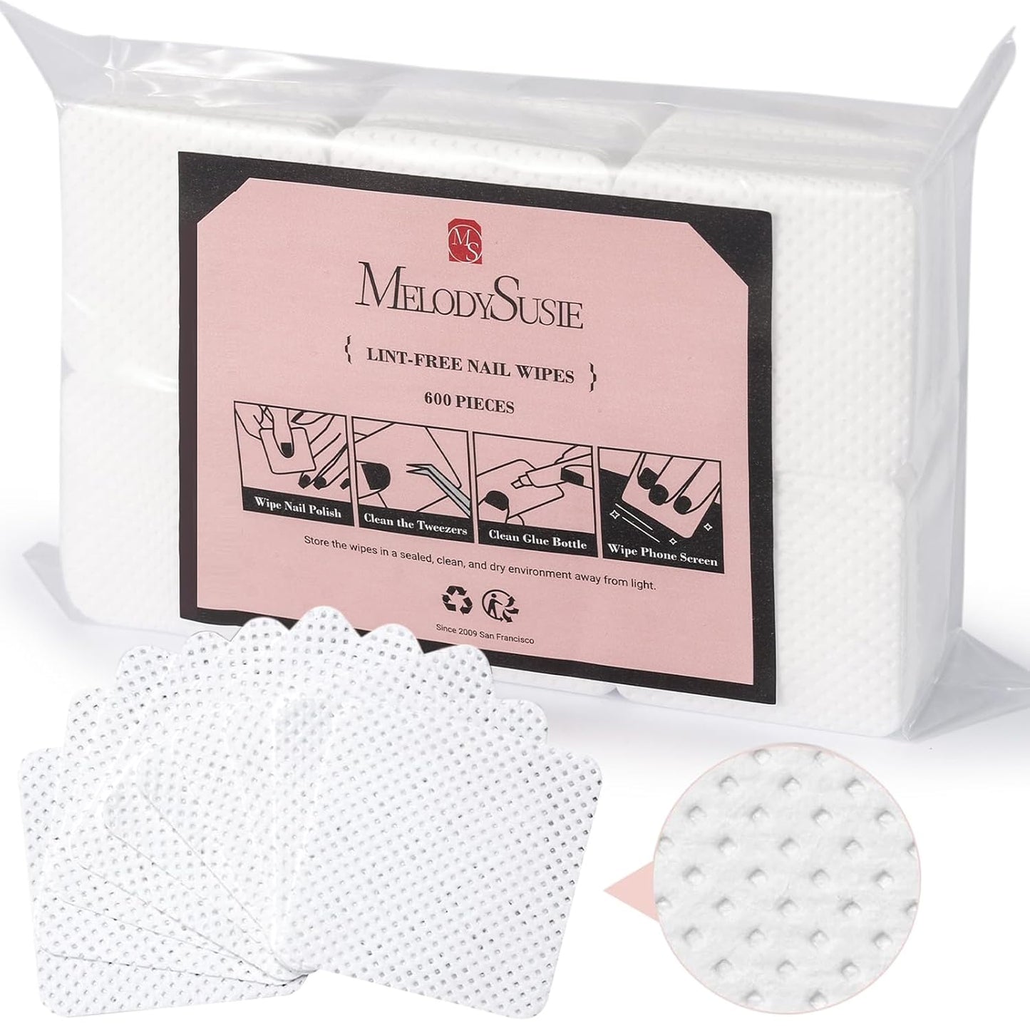 MelodySusie 600Pcs Lint Free Nail White Wipes Super Absorbent Soft Non-Woven for Fingernail Polish Remover and Eyelash Extension Wipes for Nail Art