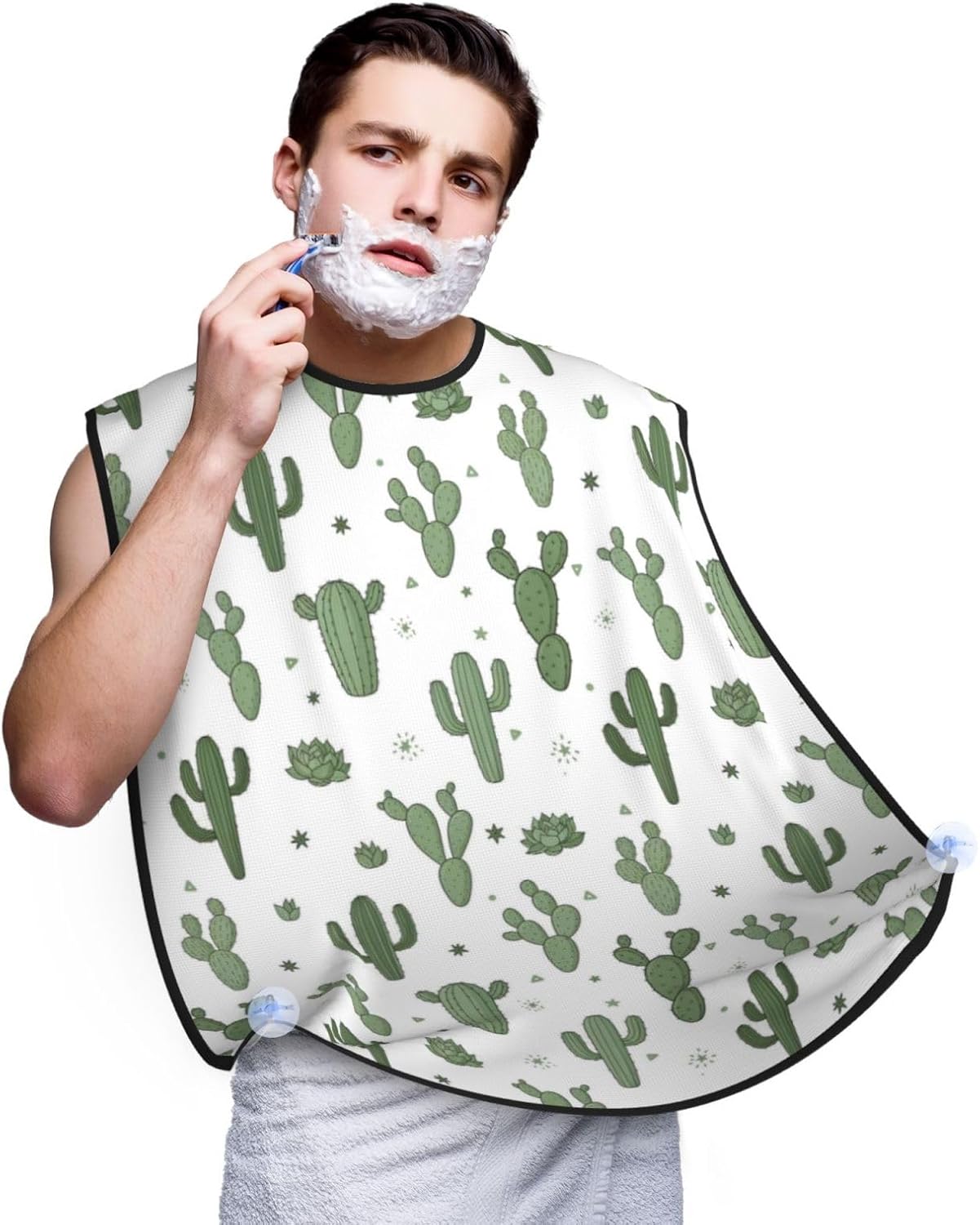 Adjustable Non-Stick Beard Apron, Hair Catcher Cape for Shaving Grooming, Waterproof with Suction Cups Men, Floral Cactus Shave Bib