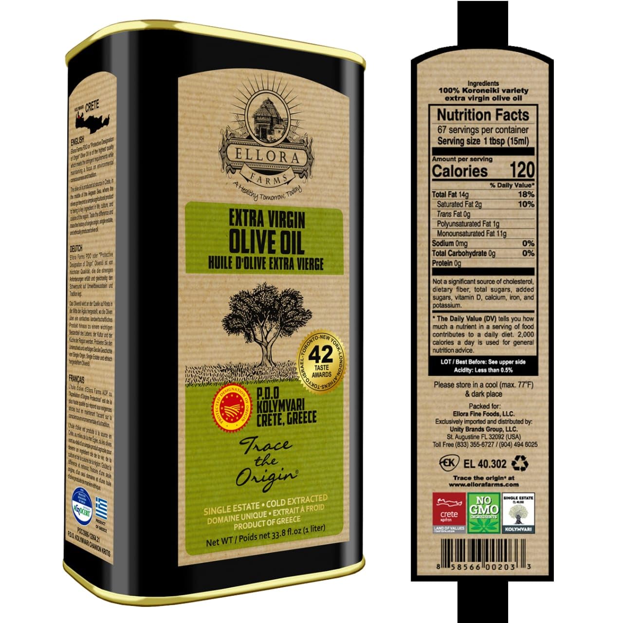 Ellora Farms Olive Oil Extra Virgin, Certified PDO Polyphenol Rich Extra Virgin Olive Oil Cold Pressed & Traceable, Global Gold Awards EVOO, Kosher, Single Origin, Crete, Greece 33.8 Fl oz (1 Ltr)