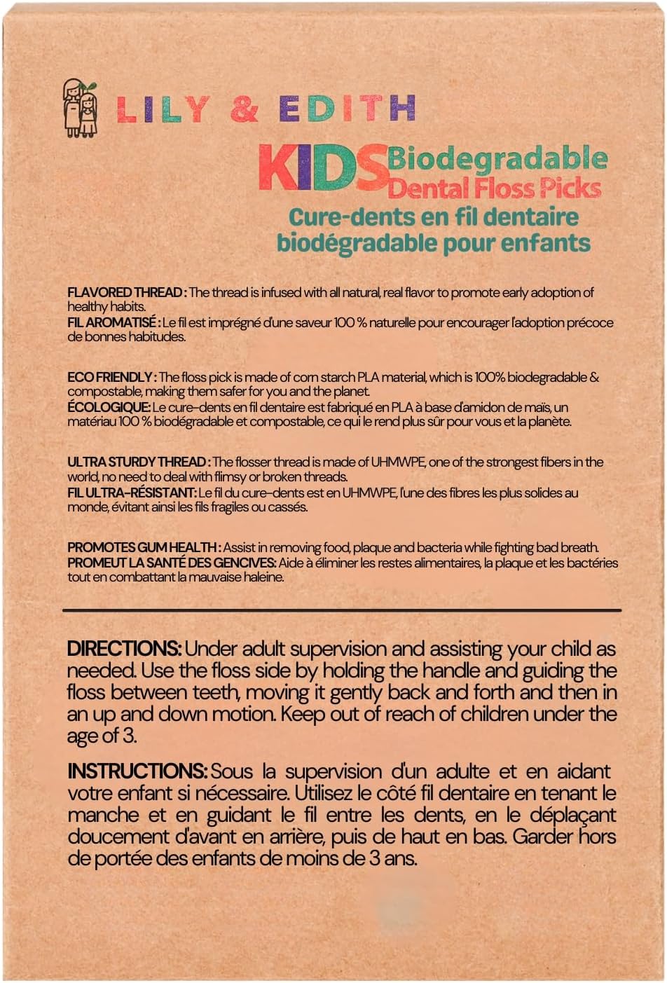 LILY & EDITH Kids Plant Based Dental Floss Picks 200 Counts, Fluoride Free, Corn Starch Material, Chemical Free, Fun Animal Flossing Sticks, Ultra Sturdy Thread, Zero Waste Package (Strawberry)