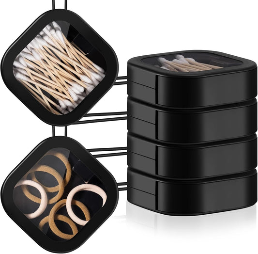 Kathfly 4 Pcs Black Hair Tie Organizer Portable Hair Accessory Storage Containers Stackable Tie Bobby Pin Holder Home Cotton Swab Dispenser Accessories Jewelry Organizer Box