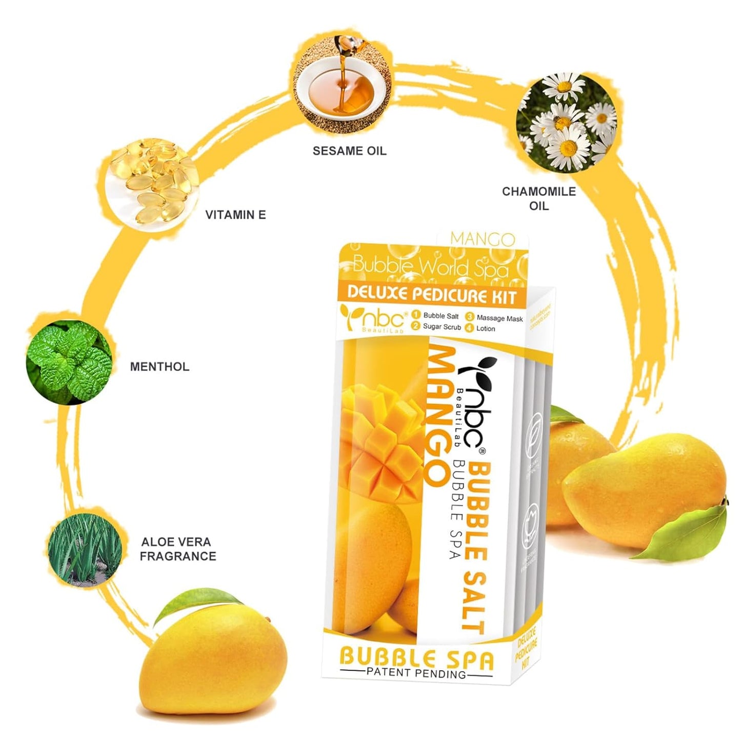 Pedicure Kit Foot Soak Set: Bubble Salt, Sugar Scrub, Massage Mask, Massage Lotion in a Box, 4 Step Foot Spa Kit for Dry Feet,Tired Feet (1 Set Mango)