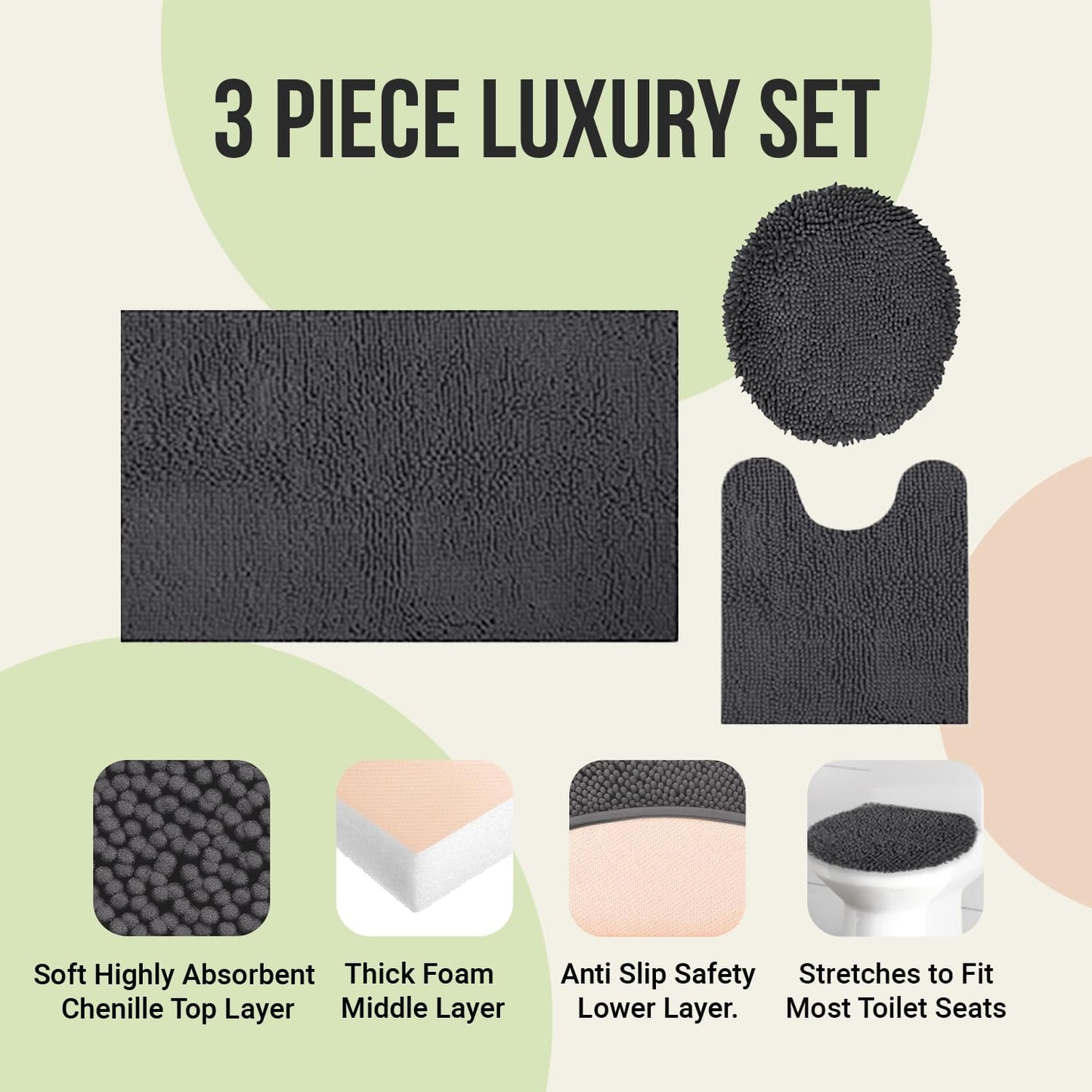 ITSOFT 3pc Non-Slip Shaggy Chenille Bathroom Mat Set, Includes 24 x 21 Inches U-Shaped Contour Toilet Rug, 34 x 21 Inches Bathmat and 1 Toilet Lid Cover, Beige