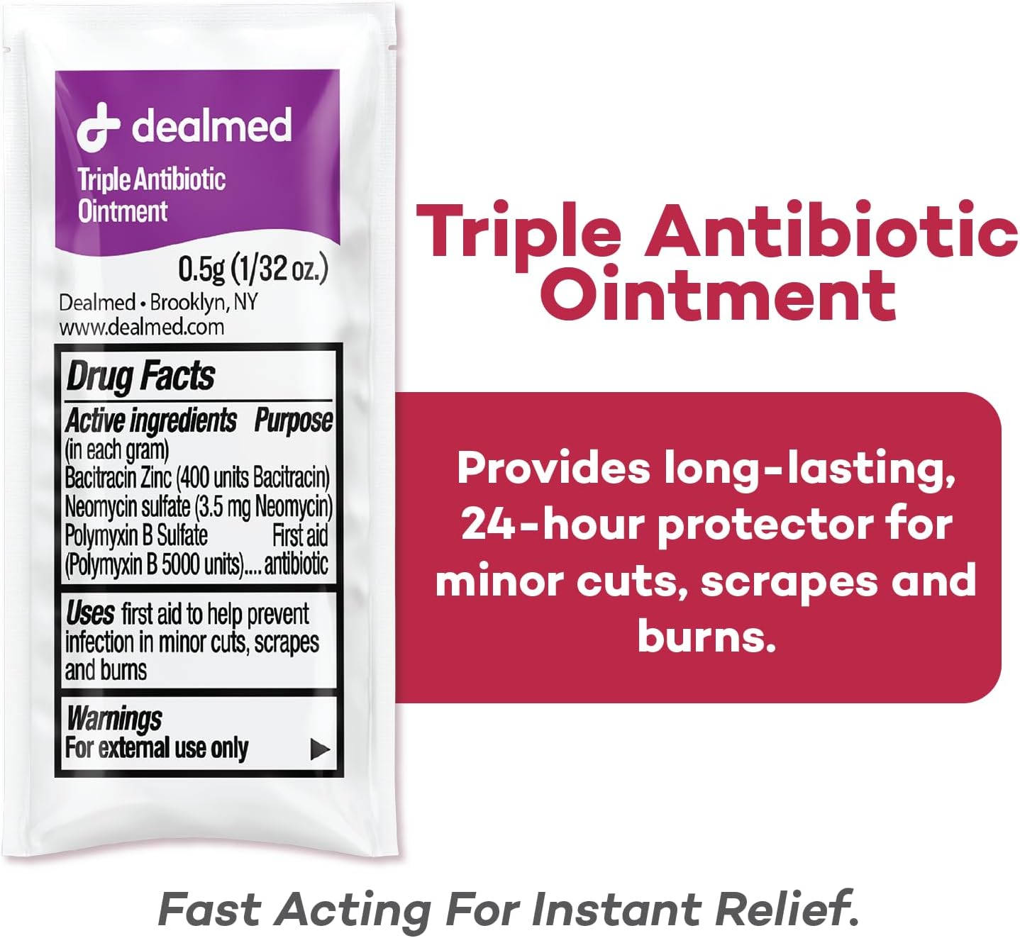 Dealmed Triple Antibiotic Ointment – Made in The USA, Single-Use Packets for Instant Relief from Cuts, Scrapes and Burns, 144 Packets/Box (.5g) - Pack of 1