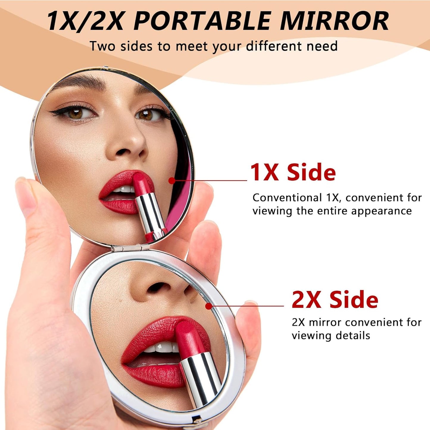 Portable Compact Metal Folding Makeup Mirrors, Beautiful and Elegant,1X/2X Magnifier. (Naked Silver)
