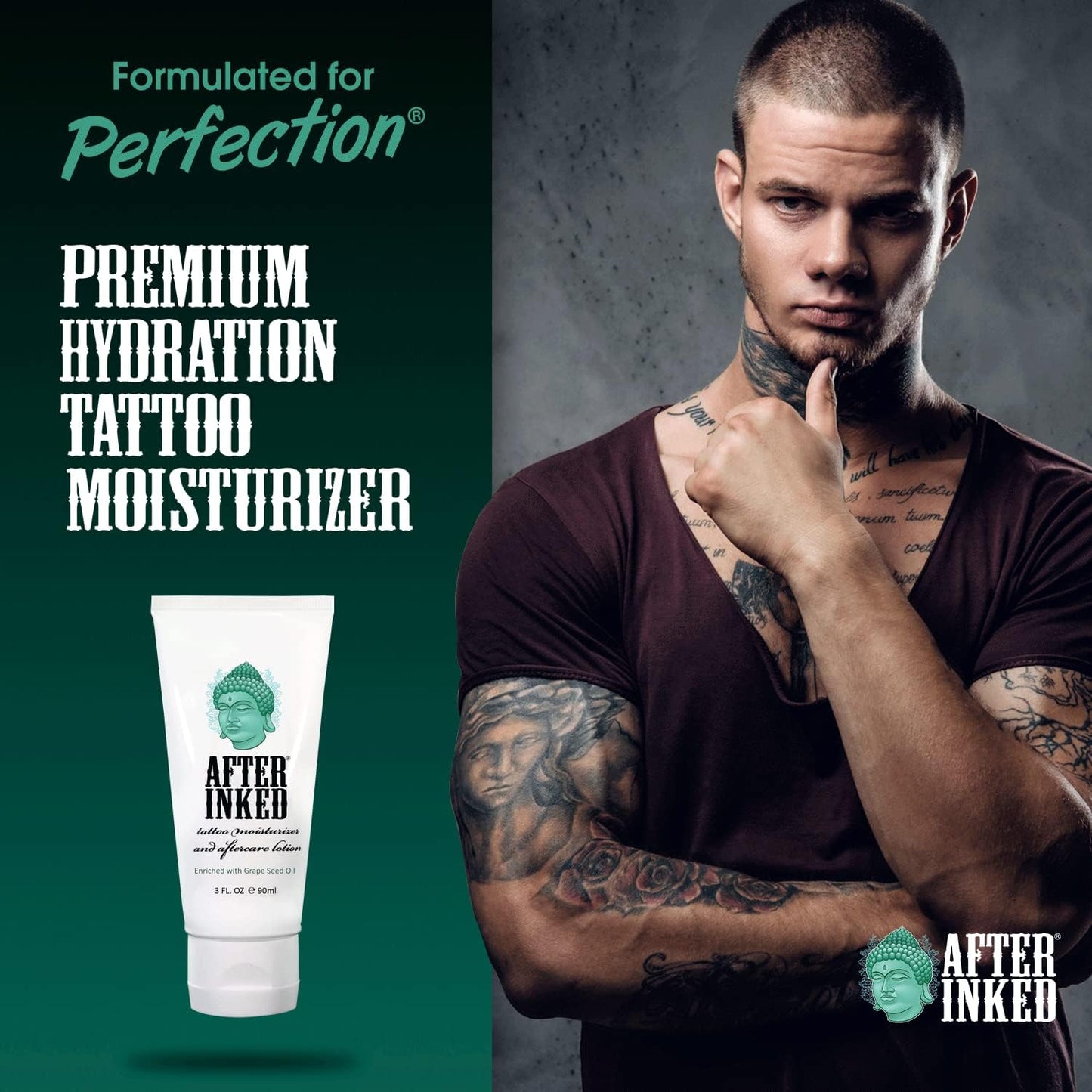 After Inked Tattoo Aftercare Lotion – Moisturizing Balm for Inked Skin, As Seen on INK MASTER – Hydrating Cream with Grape Seed Oil, Skin Nourishment & Daily Maintenance– 3 Fluid oz Tube (12-Pack)