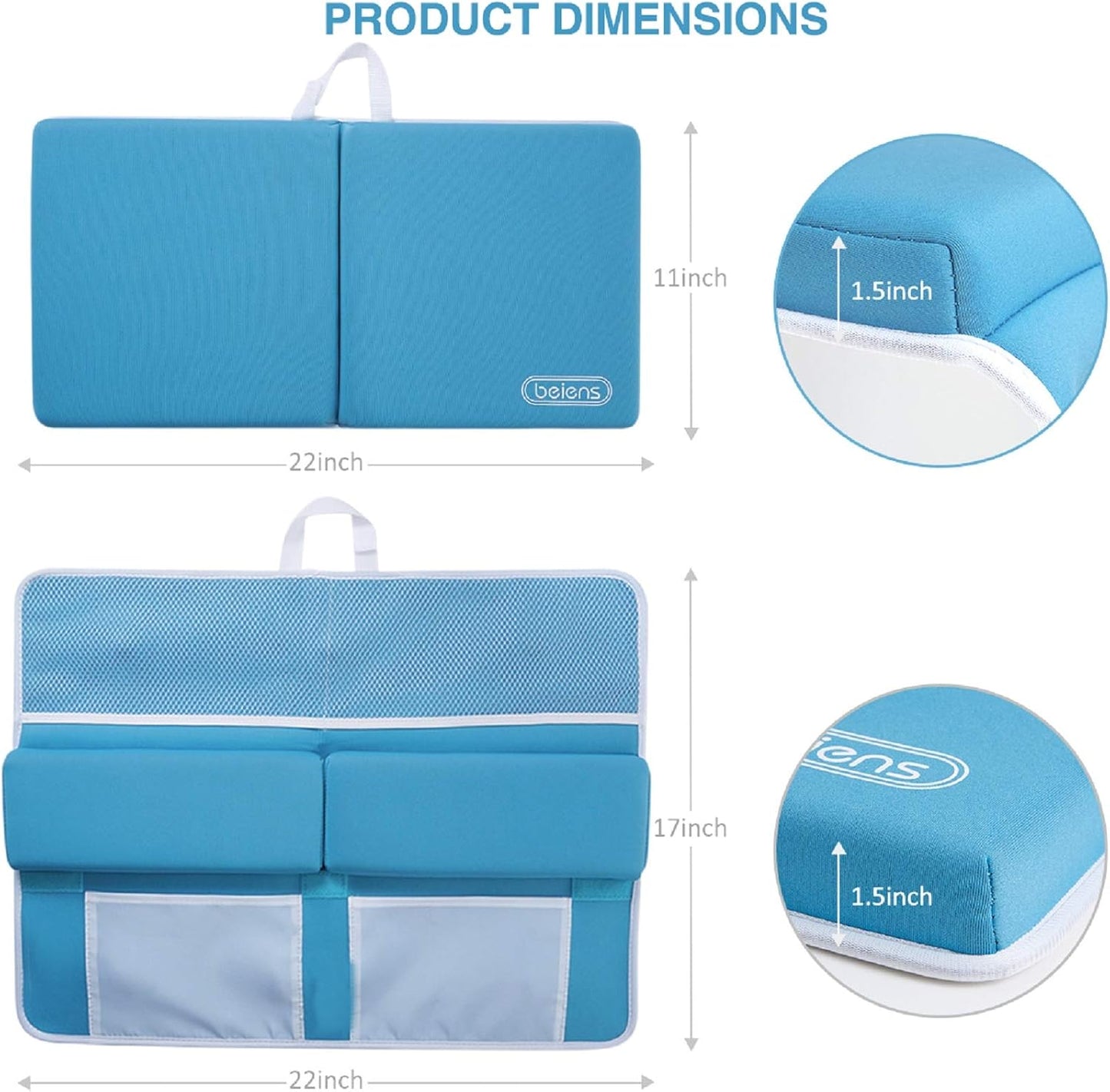 beiens Bath Kneeler and Elbow Rest Pad Set, 1.5'' Thick Quickly Dry Kneeling Pad and Elbow Support, Support Large Baby Bathtub Bath Mat Kneeling Pad with Toy Organizer for Baby Bathing Time (Blue)