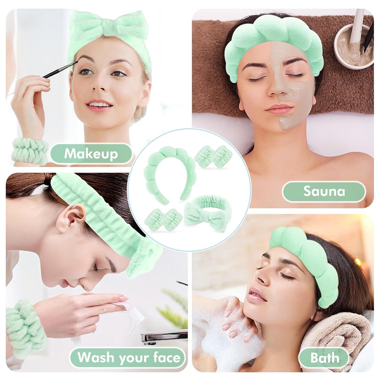 Zkptops 6Pcs Spa Headband for Washing Face Wristbands Set Women Bubble Skincare Makeup Sponge Terry Cloth Padded Puffy Headband Bow Tie Hairband Cute Non Slip Thick Hair Accessory Gifts (Light Green)
