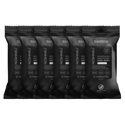 Noshinku – Bergamot Hand Sanitizer Wipes, 6-Pack (90 Towelettes) – Resealable Travel Wipes with Ethyl Alcohol, Aloe & Green Tea, Plant-Based Fiber, Essential Oil Scents, Cruelty-Free & No Dyes
