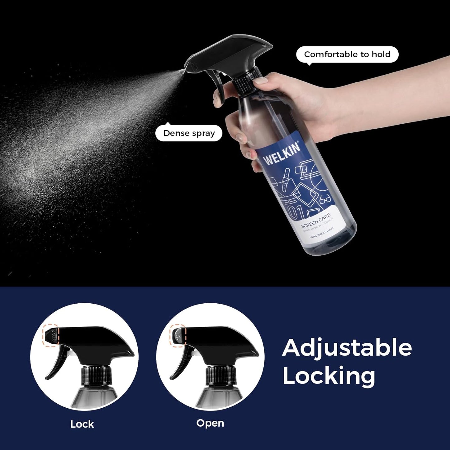 WELKIN Screen Cleaner Spray Kit (550ml + 60ml) - Cleaning Mist for TV, Laptop, Computer, Phone Touchscreen - 2 Sprayers,1 Microfiber Cloth & 1 Glass Wipe Included
