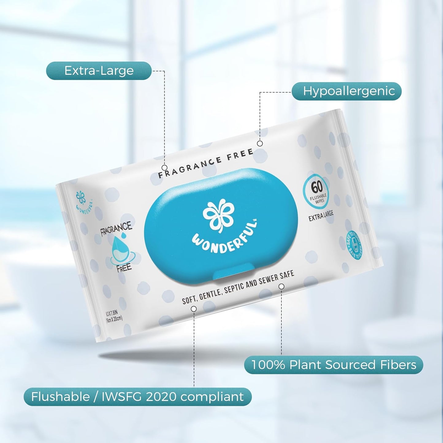 WONDERFUL Flushable Butt Wipes, Unscented 100% Plant-Based Wet Wipes for Adults & Kids, Sewer & Septic Safe, Gentle for Sensitive Skin, Wipes Flushable Pack for Bathroom & Travel, 3-Pack (180 Wipes)