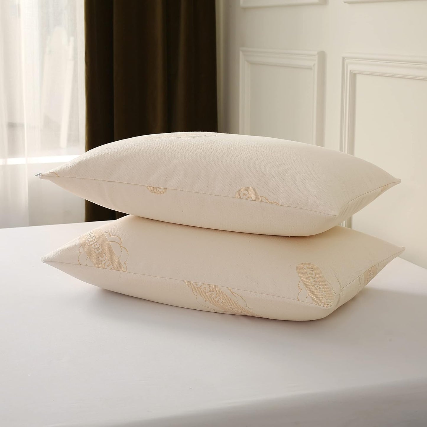 2-Pack Deluxe Organic Cotton Pillow Protectors - Standard - Certified Organic, Waterproof, Zippered Encasement, Soft Knit Fabric, Thick 280 GSM Cotton