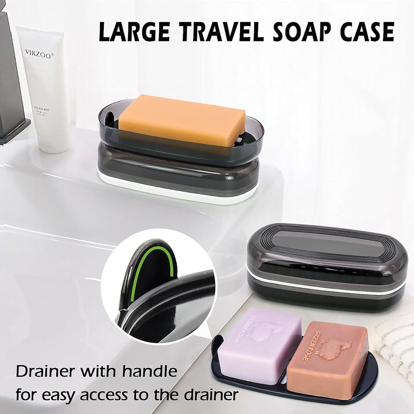 Shampoo Bar Travel Case with Lid, Large Bar Soap Holder, Shampoo and Conditioner Bar Container Perfect for Kitsch Bar Soap, Travel Soap Box for Traveling, Camping, Gym, Bathroom (Max,Black)